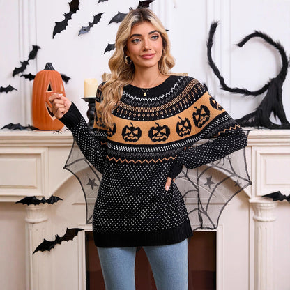 Damen Strickpullover Halloween-Motiv Feinstrick Eveloria