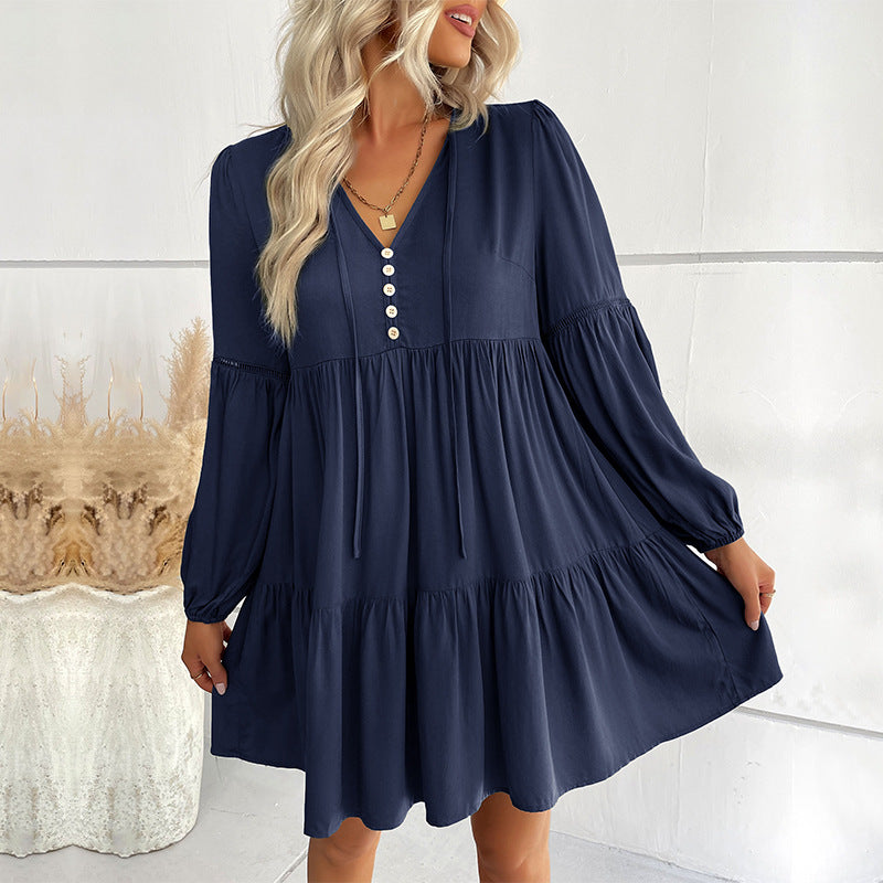 Damen Wickelkleid mit Knöpfen und Volumenärmeln Eveloria