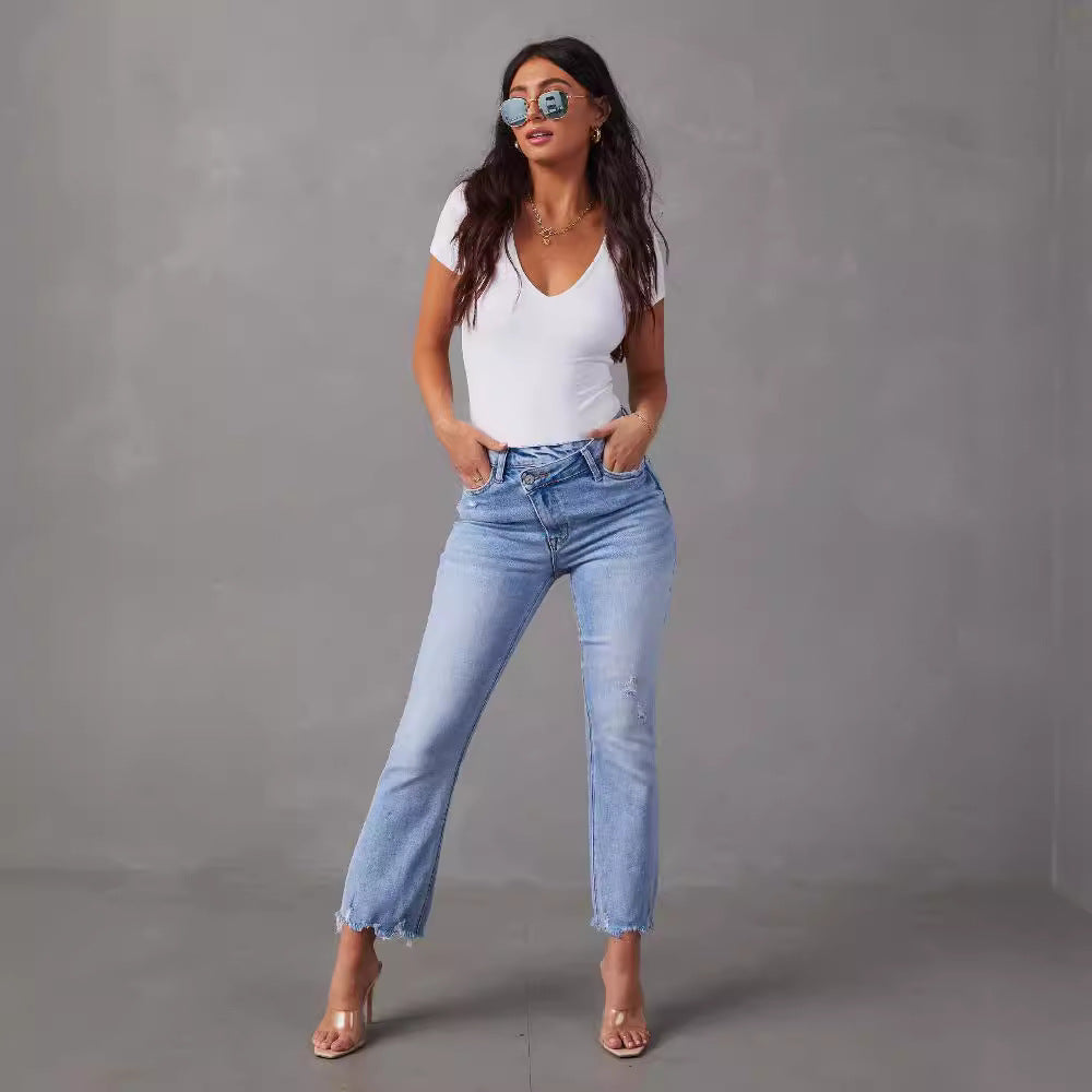 Damen Mom-Jeans Fransiger Saum Eveloria