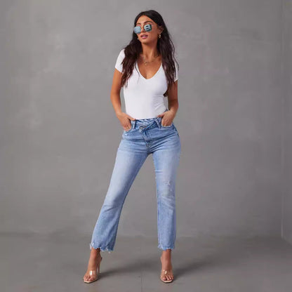 Damen Mom-Jeans Fransiger Saum Eveloria