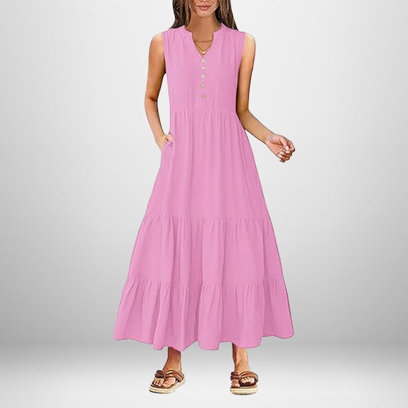 Damen Maxikleid Knopfdetail Seitentaschen Eveloria