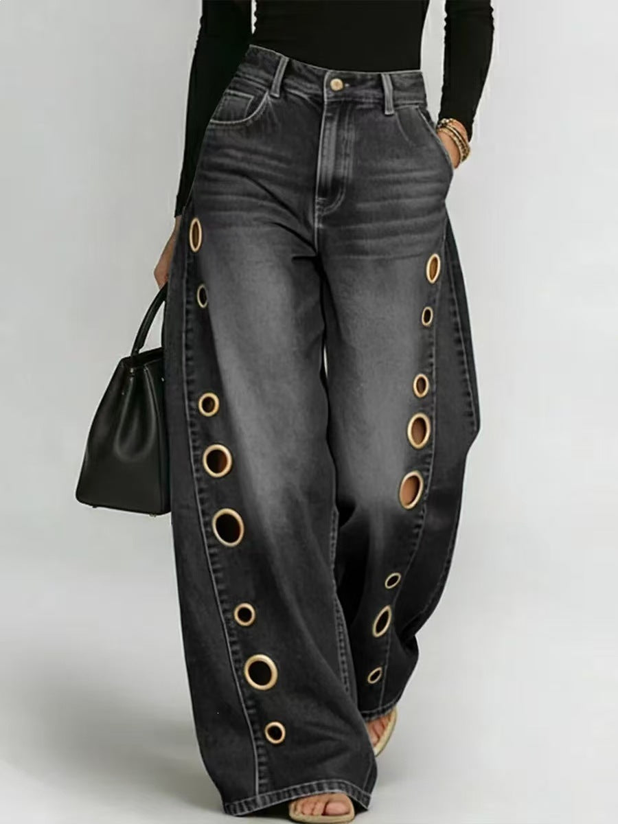 Damen Weite Jeans Dekorative Ösen Hoher Bund Blau Eveloria