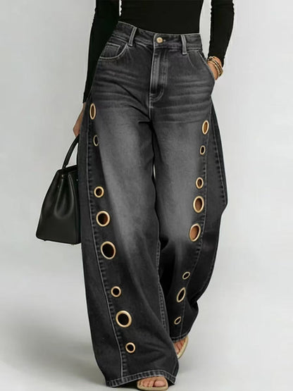 Damen Weite Jeans Dekorative Ösen Hoher Bund Blau Eveloria