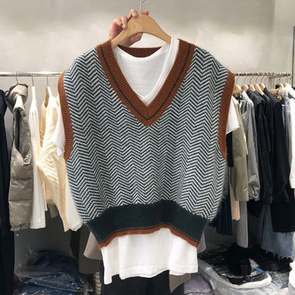 Damen Strickweste V-Ausschnitt Chevron Muster