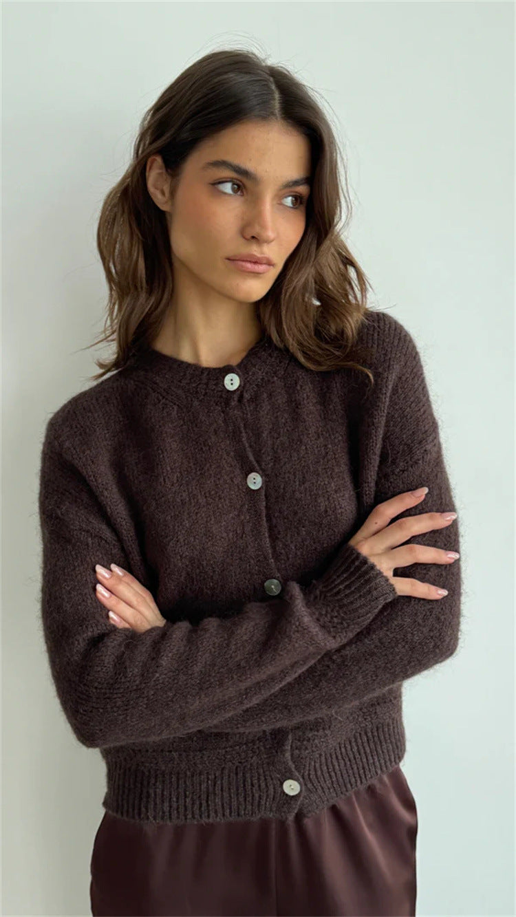 Damen Strickcardigan Weich Knopfverschluss Voluminöse Ärmel Beige