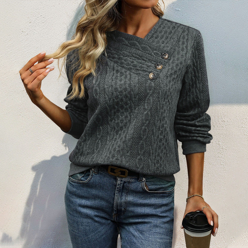 Damen Strickpullover Lässig Wellenmuster Knopfdetails Beige Eveloria