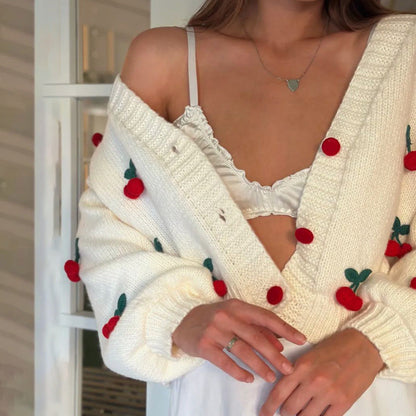 Damen Strickcardigan mit Kirschapplikationen