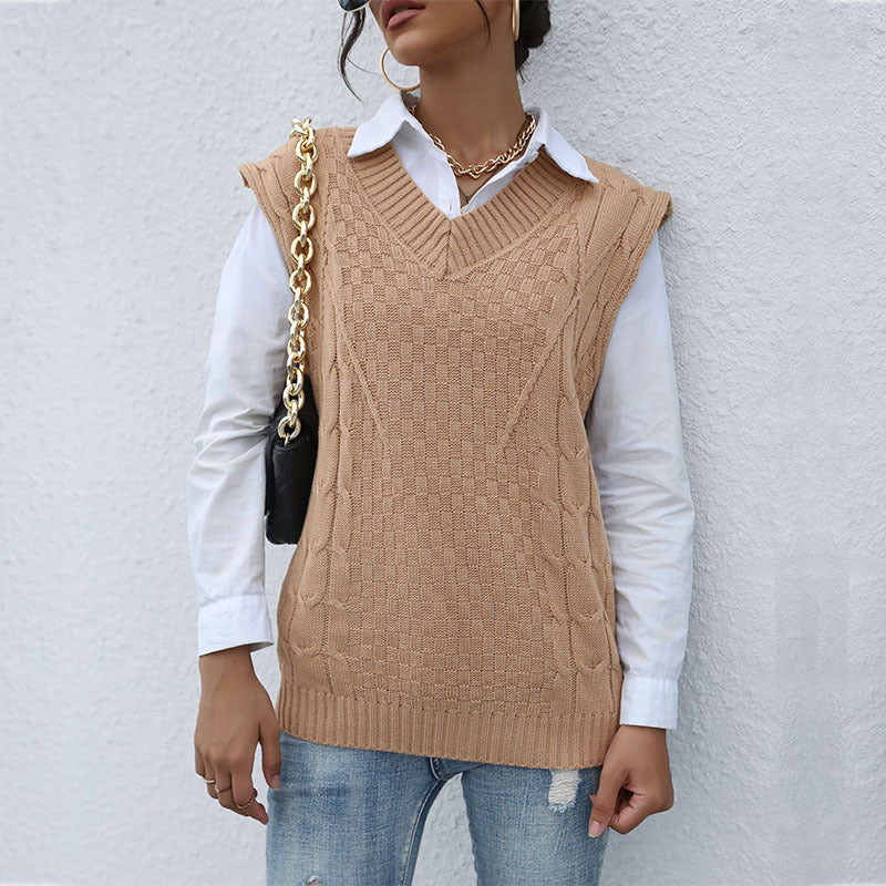 Damen Strickpullover ohne Ärmel V-Ausschnitt Strukturiert Eveloria
