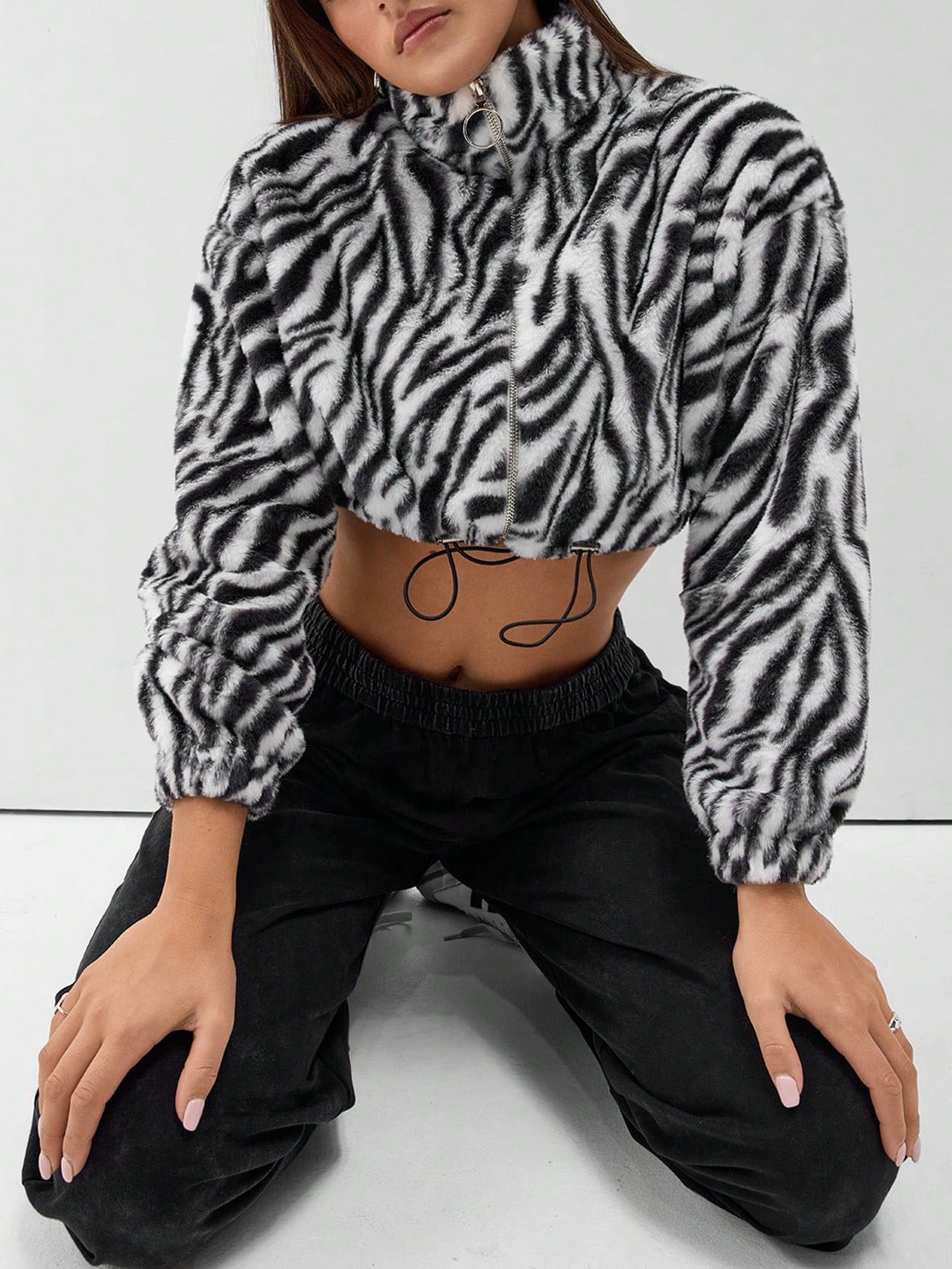 Damen Fleecejacke Cropped Zebra-Design Elastisch