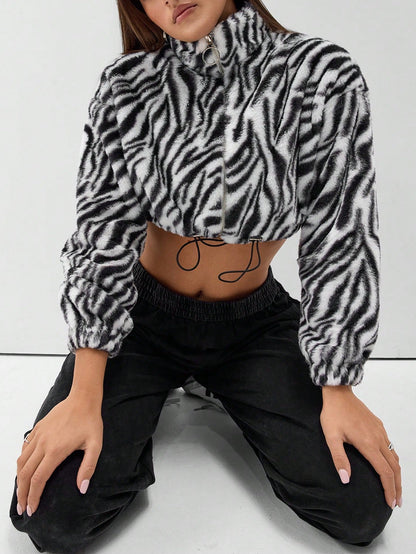 Damen Fleecejacke Cropped Zebra-Design Elastisch