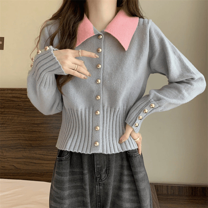Damen Strickpullover mit Kragen und Knöpfen Eveloria