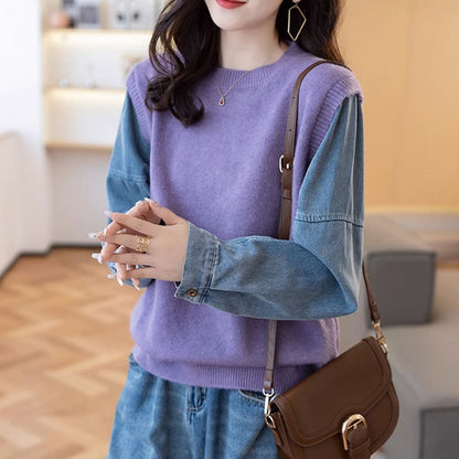 Damen Strickpullover Denim Ärmel Eveloria