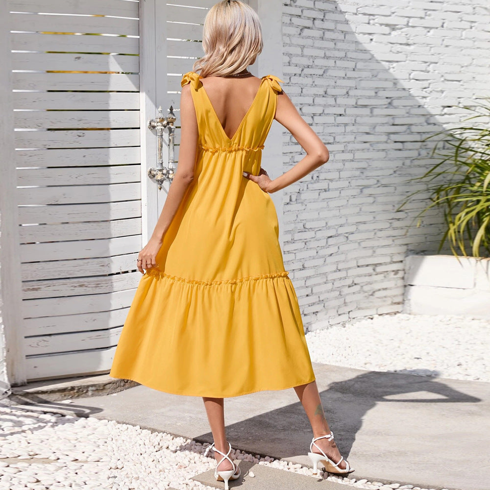 Damen Midikleid Rüschenverzierter Saum Tiefes V Dekolleté