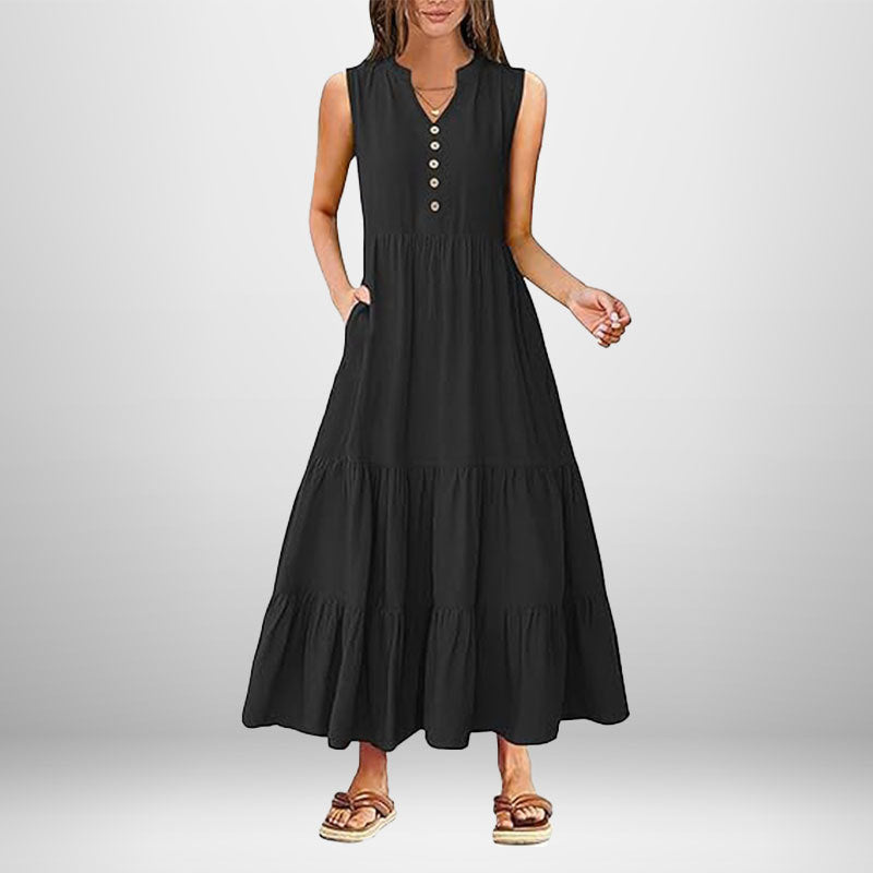 Damen Maxikleid Knopfdetail Seitentaschen Eveloria