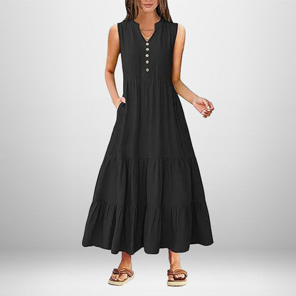 Damen Maxikleid Knopfdetail Seitentaschen Eveloria