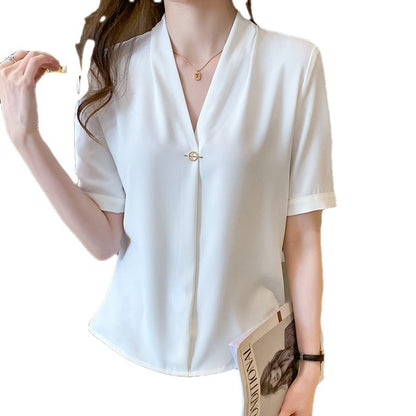 Damen Bluse V-Ausschnitt Pin-Verschluss Elegantes Design