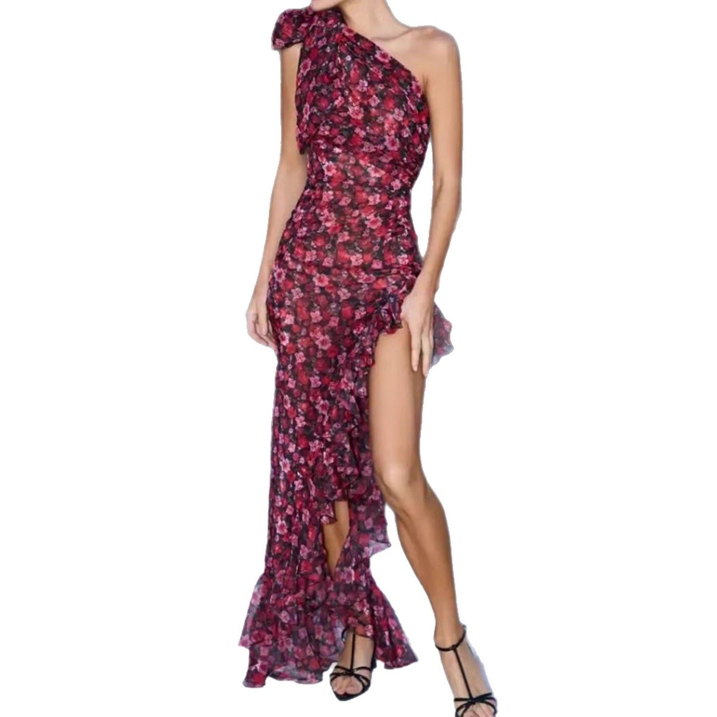Damen Asymmetrisches Minikleid Floral Muster Raffiniertes