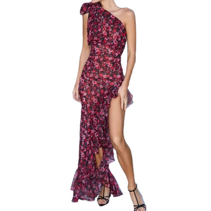 Damen Asymmetrisches Minikleid Floral Muster Raffiniertes