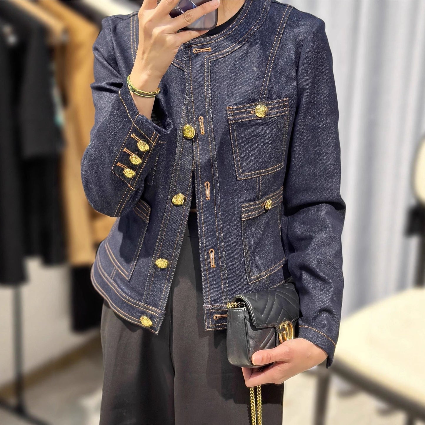 Damen Denimjacke Goldene Knöpfe Blau Eveloria