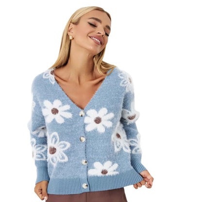 Damen Cardigan Floralmuster Kuschelig Knöpfe Beige