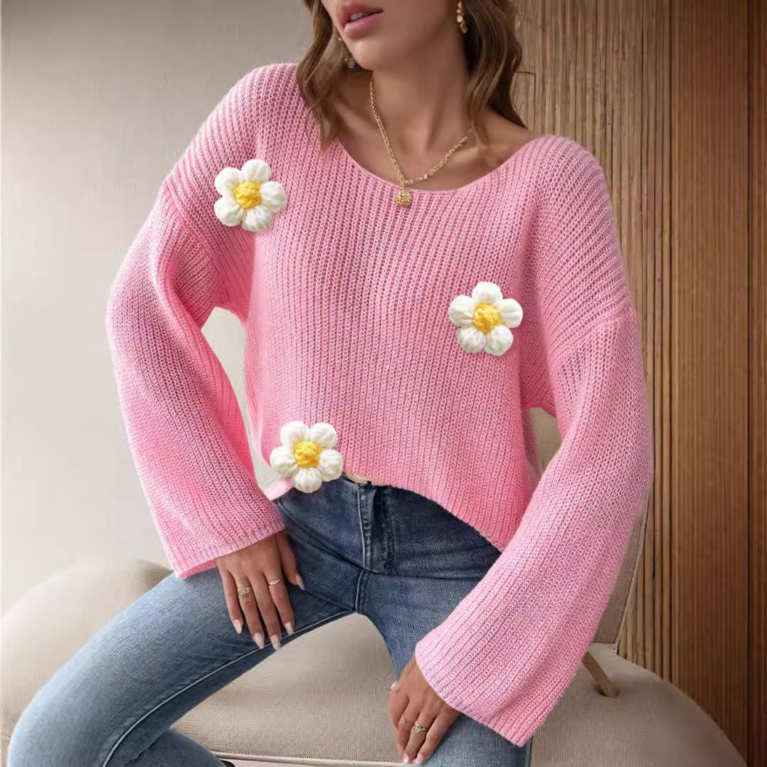 Damen Strickpullover Florales 3D-Design Weite Ärmel - Eveloria