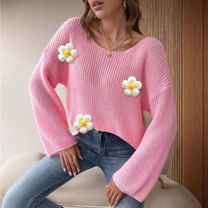 Damen Strickpullover Florales 3D-Design Weite Ärmel - Eveloria
