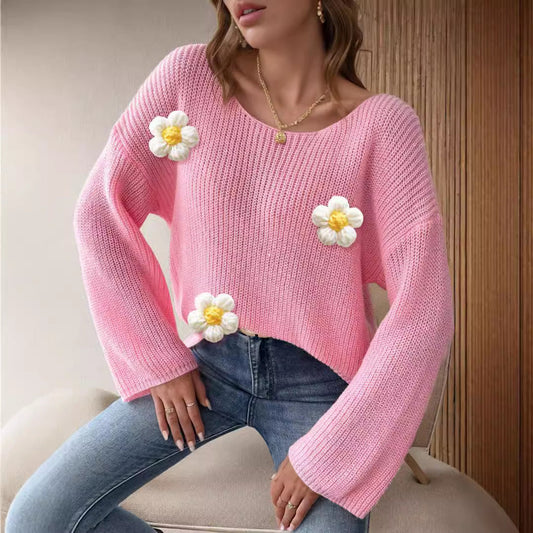 Damen Strickpullover Florales 3D-Design Weite Ärmel - Eveloria