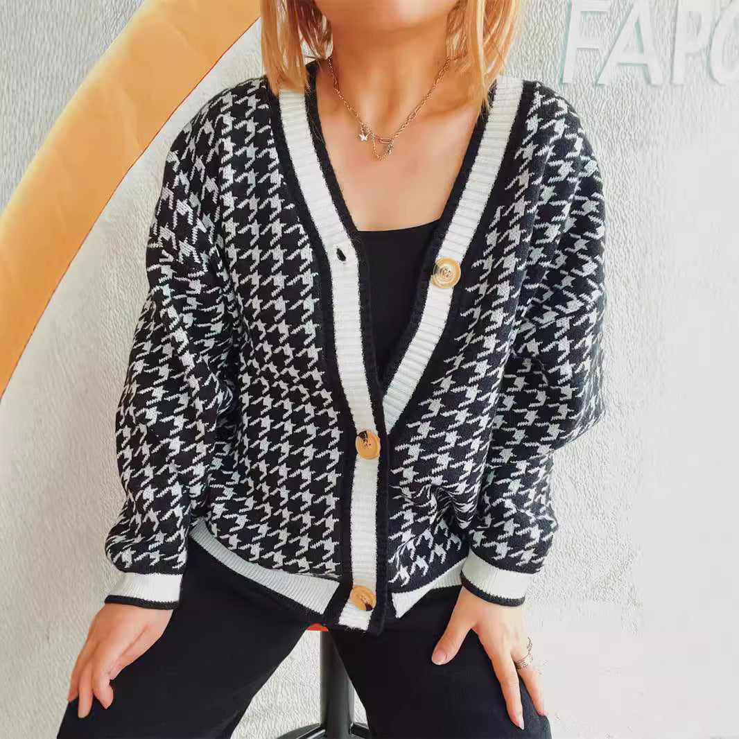 Damen Strickjacke Hahnentrittmuster Dekorative Knöpfe Eveloria