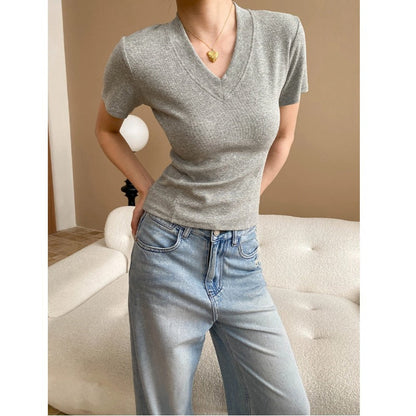 Damen V-Ausschnitt T-Shirt Rippstrick Figurbetont Eveloria