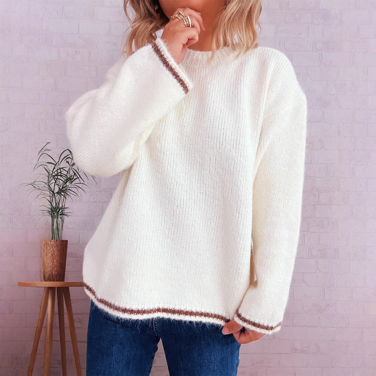 Damen Strickpullover Weich Lässig Beige