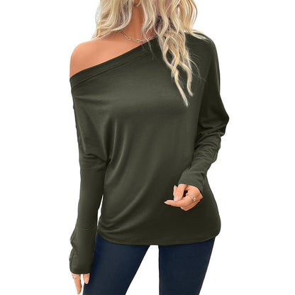 Damen Oversized Langarmshirt Asymmetrischer Ausschnitt Feine Knöpfe