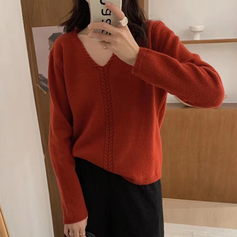 Damen Pullover V-Ausschnitt Feines Zopfmuster Eveloria