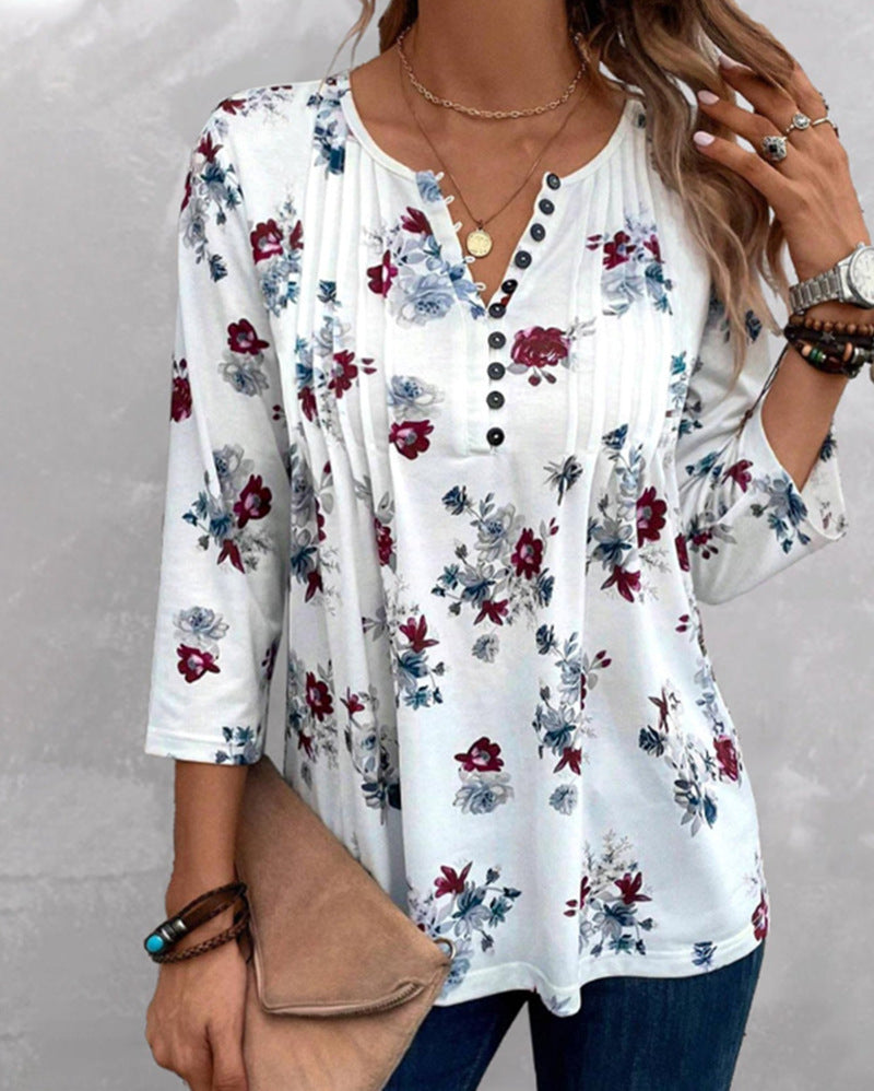Damen Bluse Floralmuster Knöpfe Eveloria