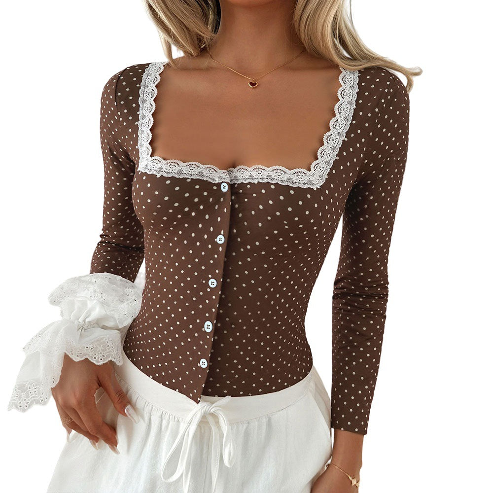 Damen Langarmshirt Spitze Knöpfe Weiß