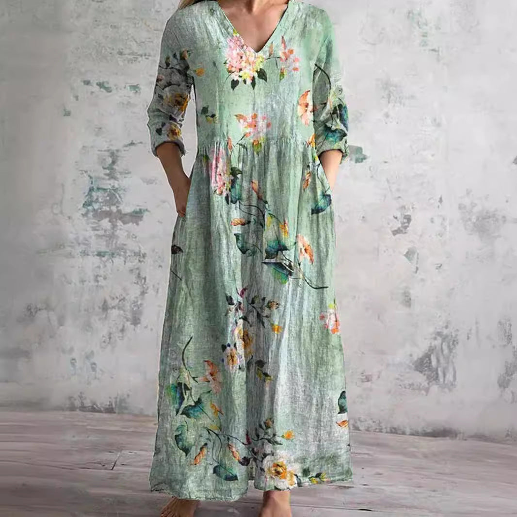 Damen Sommerkleid Blumenprint V-Ausschnitt Langärmlig Maxikleid