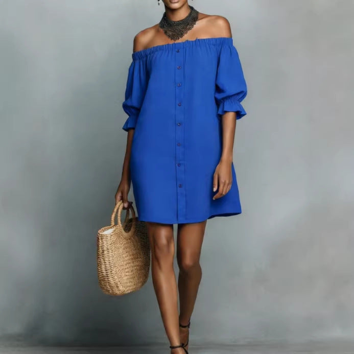 Damen Off-Shoulder-Kleid mit Knopf- und Rüschen-Details - Eveloria