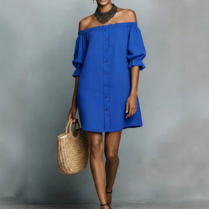 Damen Off-Shoulder-Kleid mit Knopf- und Rüschen-Details - Eveloria