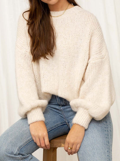 Damen Grobstrickpullover Übergroße Puffärmel Hochgeschlossener Kragen