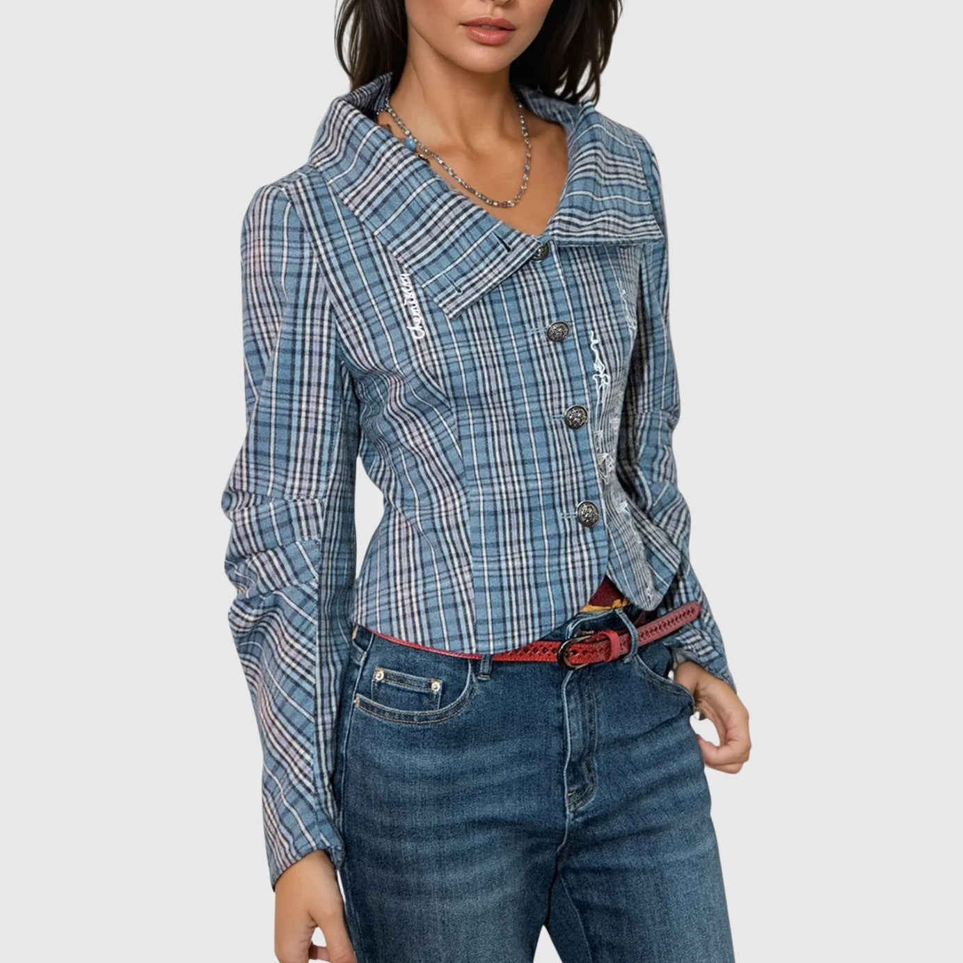 Damen Kurzjacke Kariert Mit Knöpfen Eveloria