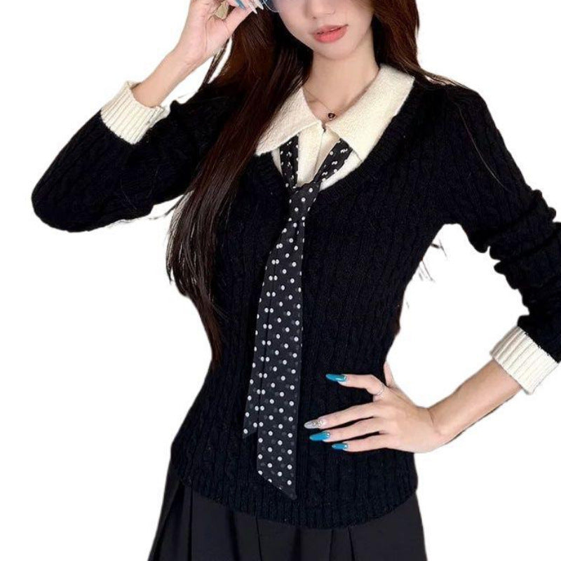 Damen Strickpullover mit Hemdkragen und Krawatte Eveloria