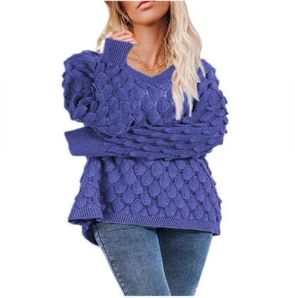 Damen Grobstrickpullover V-Ausschnitt Wellenmuster Eveloria