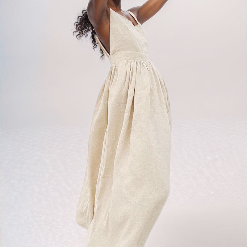 Damen Leinenkleid Lang V-Ausschnitt Tailliert Beige