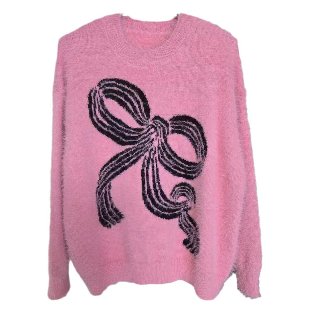 Damen Pullover Kuschelig Schleifenmuster Grau