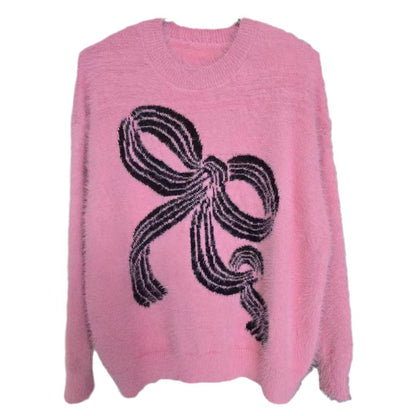 Damen Pullover Kuschelig Schleifenmuster Grau