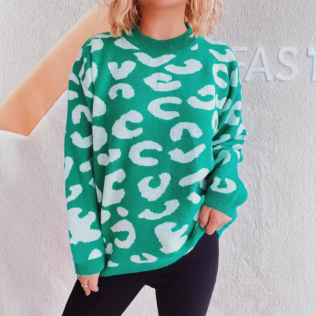 Damen Oversized Pullover Leopardenmuster Rundhalsausschnitt - Eveloria
