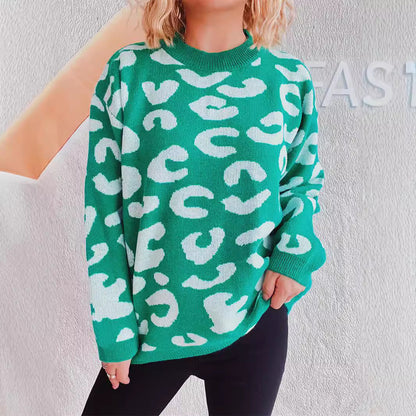 Damen Oversized Pullover Leopardenmuster Rundhalsausschnitt - Eveloria