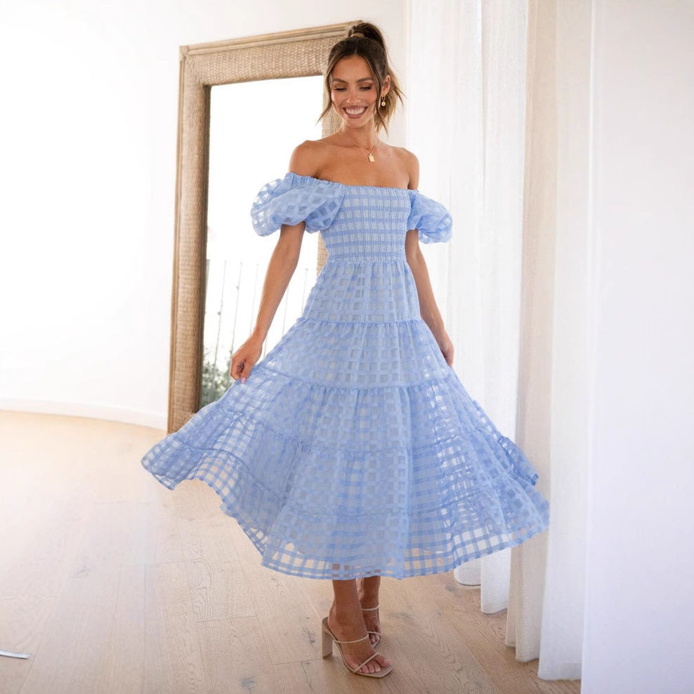 Damen Maxikleid Luftige Puffärmel Gerafftes Oberteil