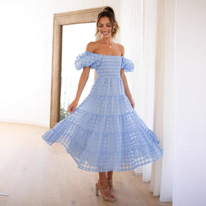 Damen Maxikleid Luftige Puffärmel Gerafftes Oberteil
