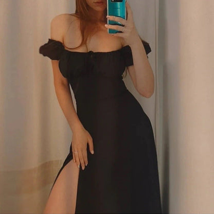 Damen Maxikleid Schulterfrei Puffärmel Eveloria