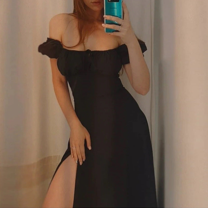 Damen Maxikleid Schulterfrei Voluminöse Puffärmel Eveloria